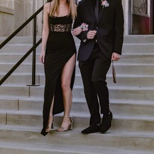 Black, sheer, cut out formal dress.